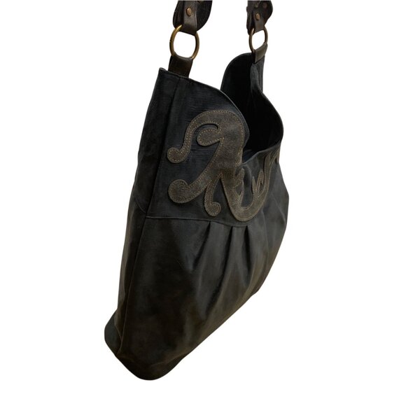 Women’s Dark Blue Faux Leather Embroidered Scroll Design Shoulder Bag - Picture 4 of 10